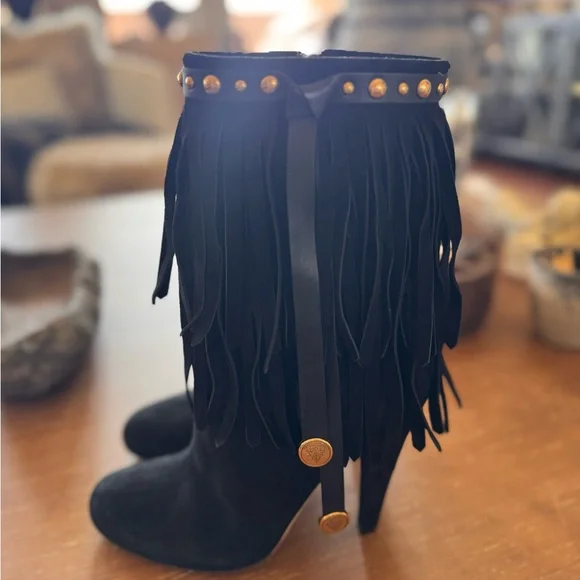 Gucci Black Fringe Heeled Boots with Gold Accents - Picture 2 of 6
